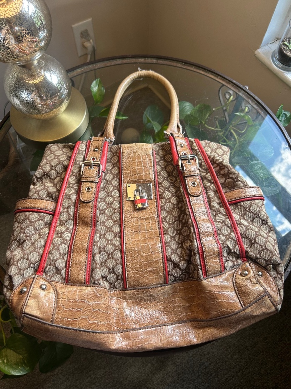 Nine West Brown Geometric Shoulder Bag Red Accents Buckle Zip Double Handles